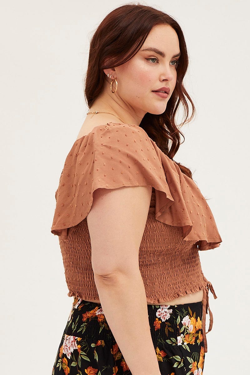 Brown Crop Top  Short Sleeve Frill  for Women by You and All