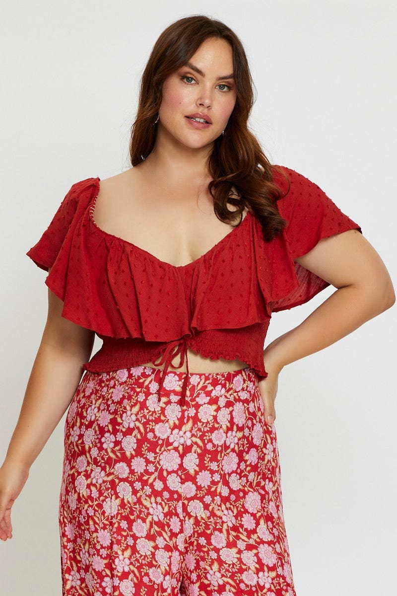Rust Crop Top Short Sleeve Frill For Women By You And All