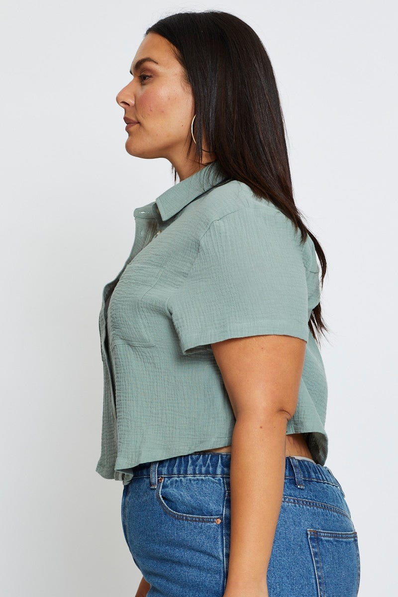 Green  Cotton Shirt  Short Sleeve Textured for Women by You and All