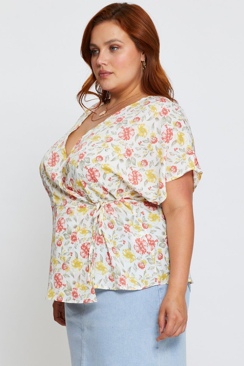 Floral Prt Shell Top Short Sleeve Wrap Front For Women By You And All