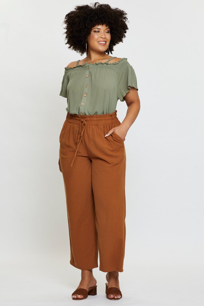 Green Off Shoulder Top Peach Short Sleeve Button Front  for Women by You and All