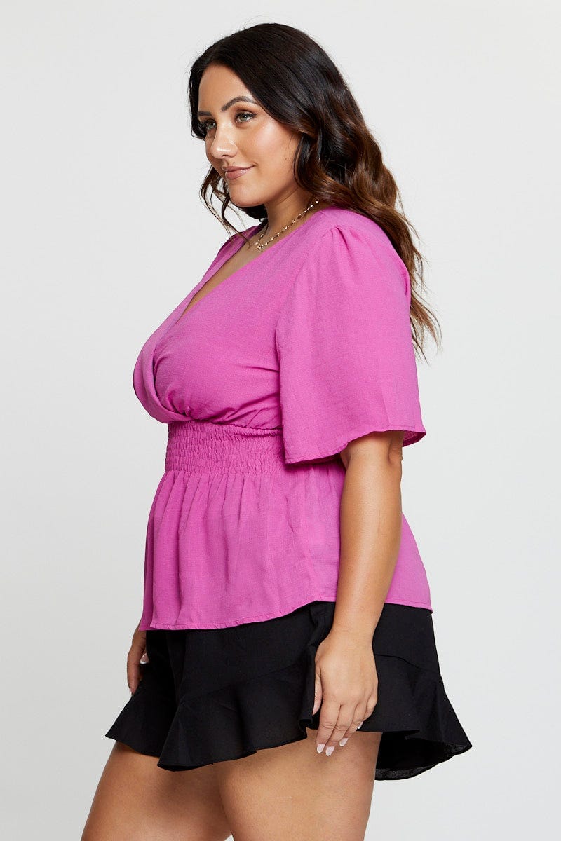 Pink  Top Short Sleeve Wrap Front Shirred Waist  for Women by You and All