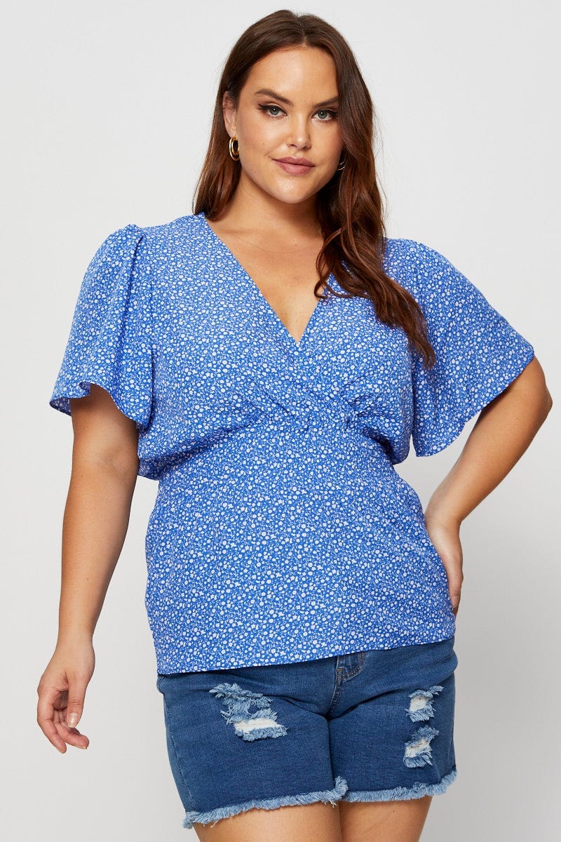 Ditsy Prt Wrap Front Shirred Top Short Sleeve For Women By You And All