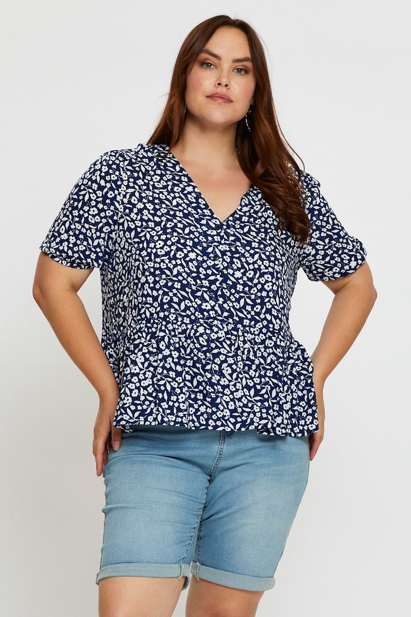 Floral Prt Peplum Top V-Neck Short Sleeve For Women By You And All