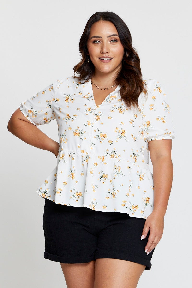 Floral Prt Peplum Top V-Neck Short Sleeve For Women By You And All