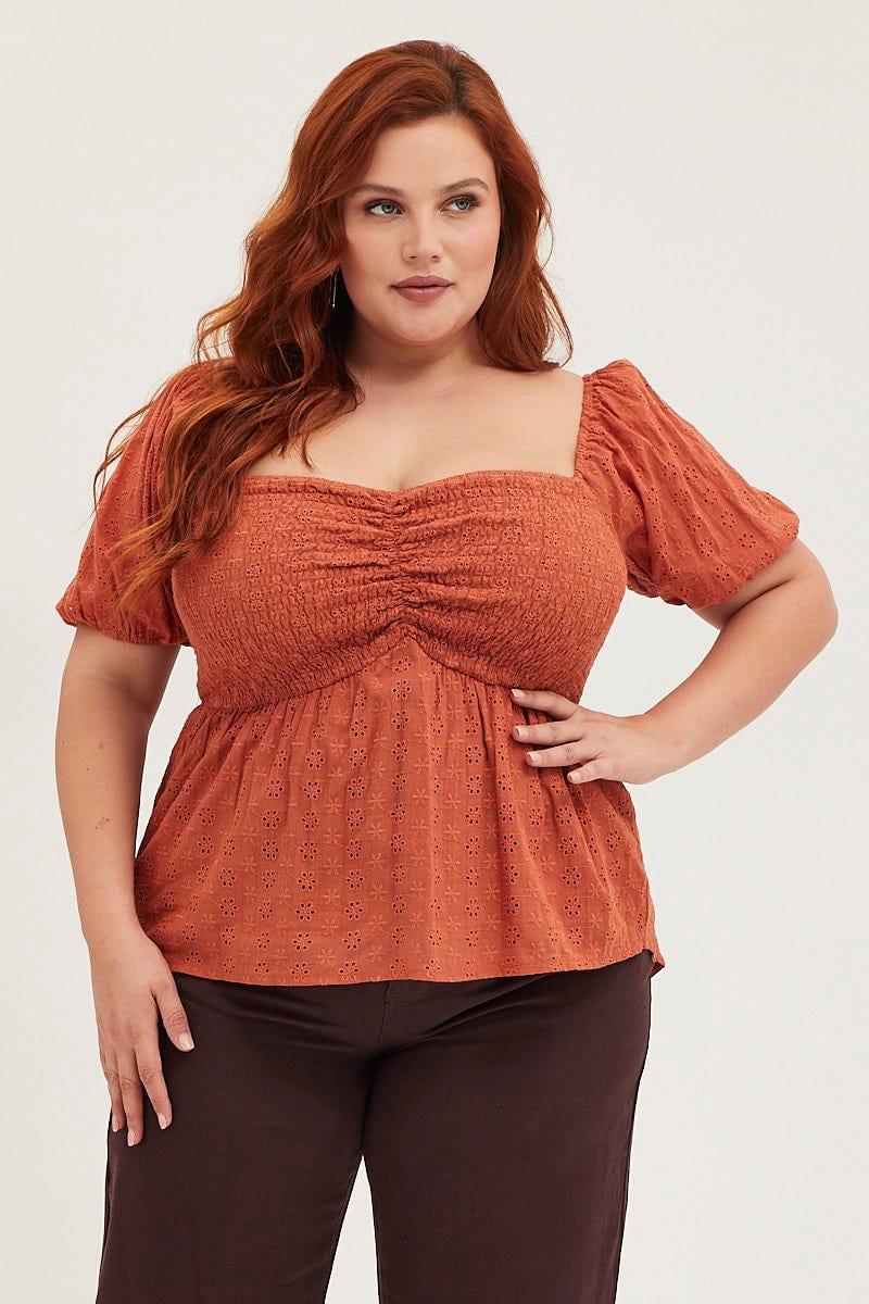 Rust Shirred Bust Top  Short Sleeve Broderie  for Women by You and All