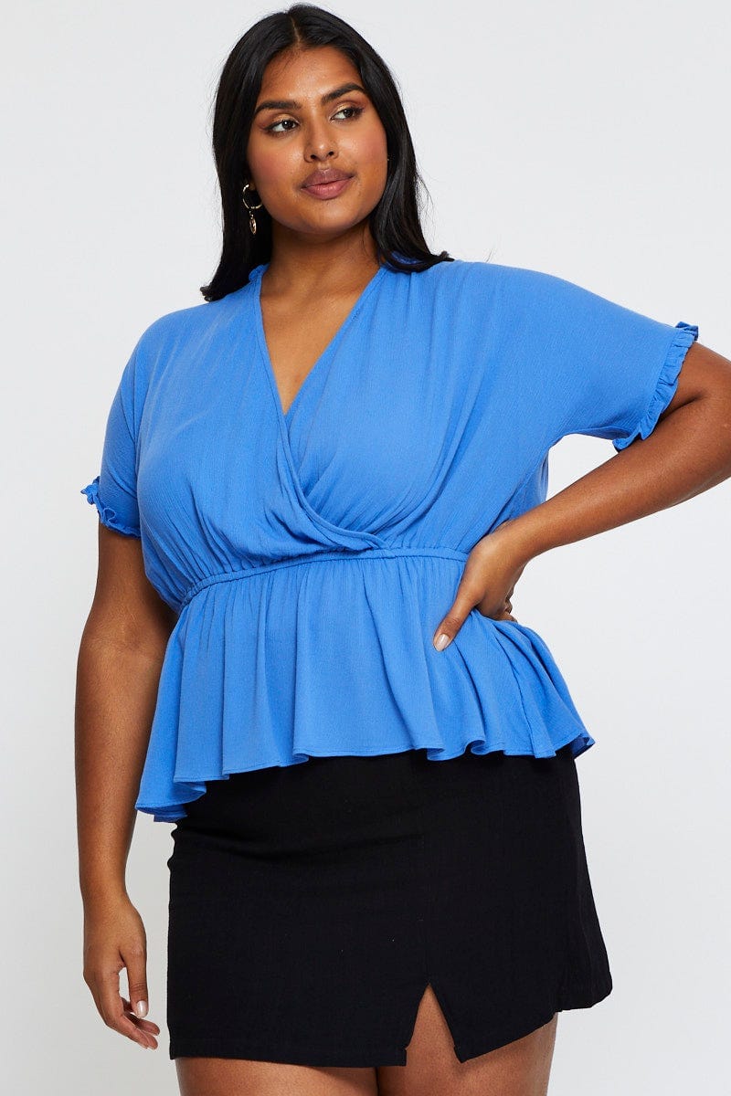 Blue Peplum Top Azure Short Sleeve Wrap Waist For Women By You And All