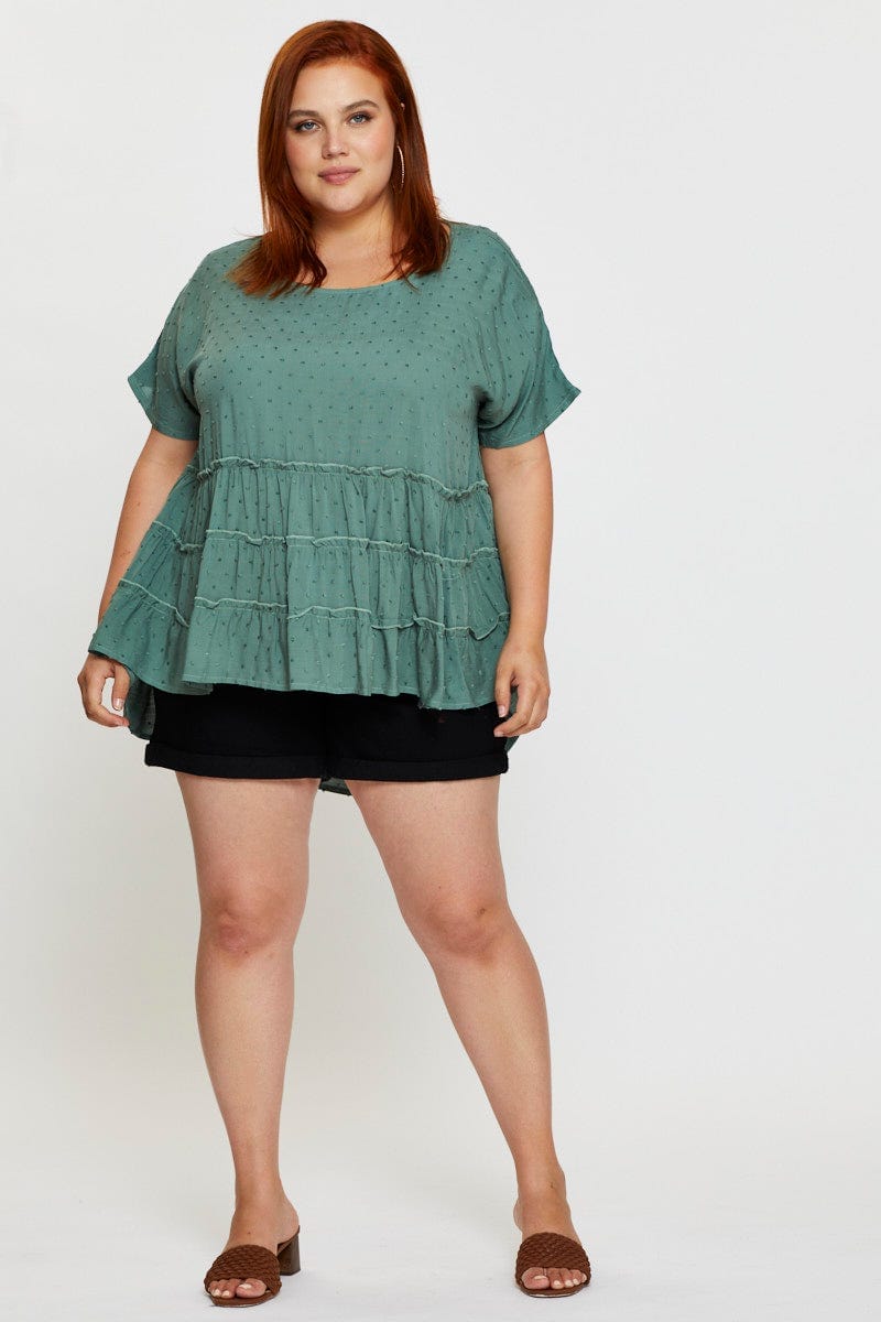 Plus Size Blue Peplum Top Dusty Short Sleeve Tie, You + All