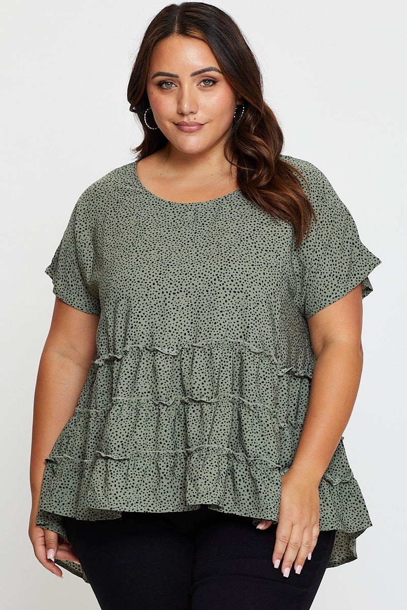 Geo Print Short Sleeve Tiered Khaki Geo Print Peplum Top For Women By You And All