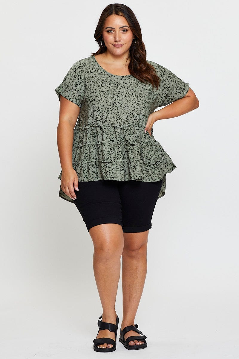 Geo Print Short Sleeve Tiered Khaki Geo Print Peplum Top For Women By You And All