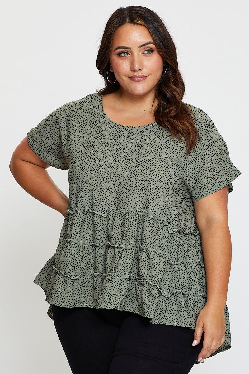 Geo Print Short Sleeve Tiered Khaki Geo Print Peplum Top For Women By You And All