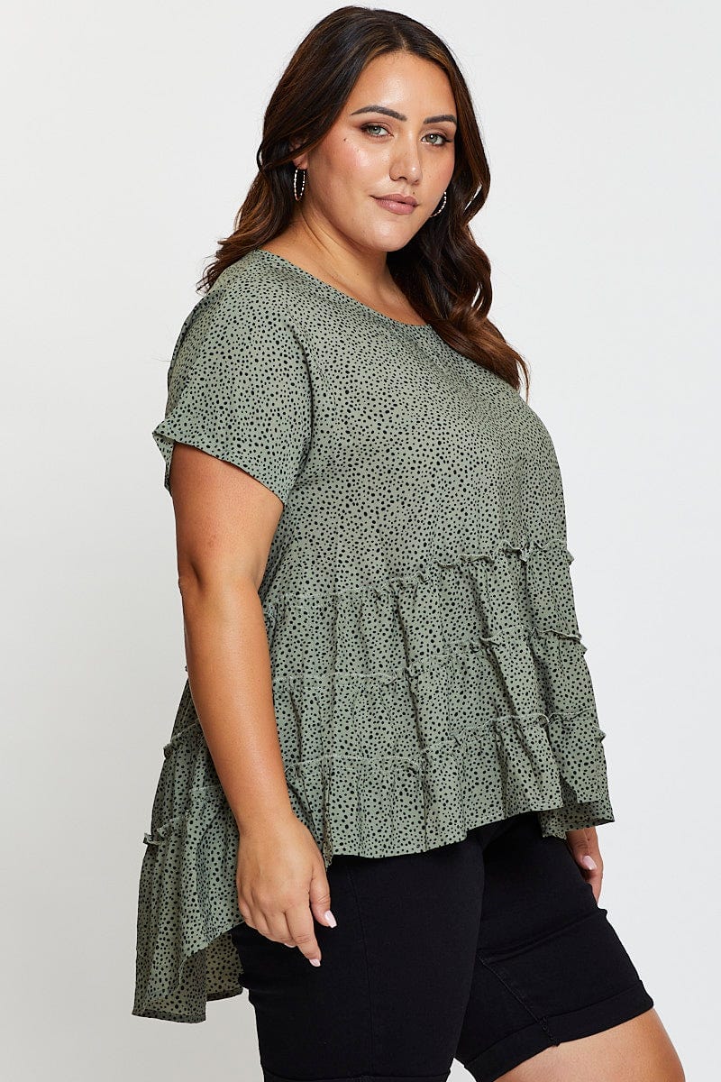 Geo Print Short Sleeve Tiered Khaki Geo Print Peplum Top For Women By You And All