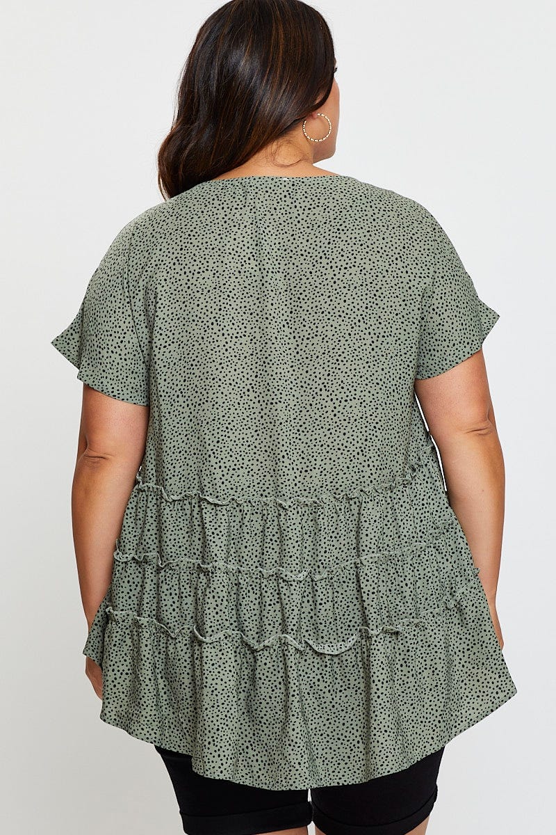 Geo Print Short Sleeve Tiered Khaki Geo Print Peplum Top For Women By You And All