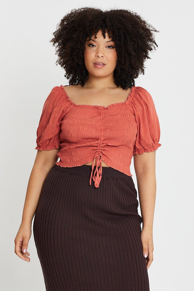 Rust Plus Short Sleeve Shirred Semi Crop Top for Women by You and All