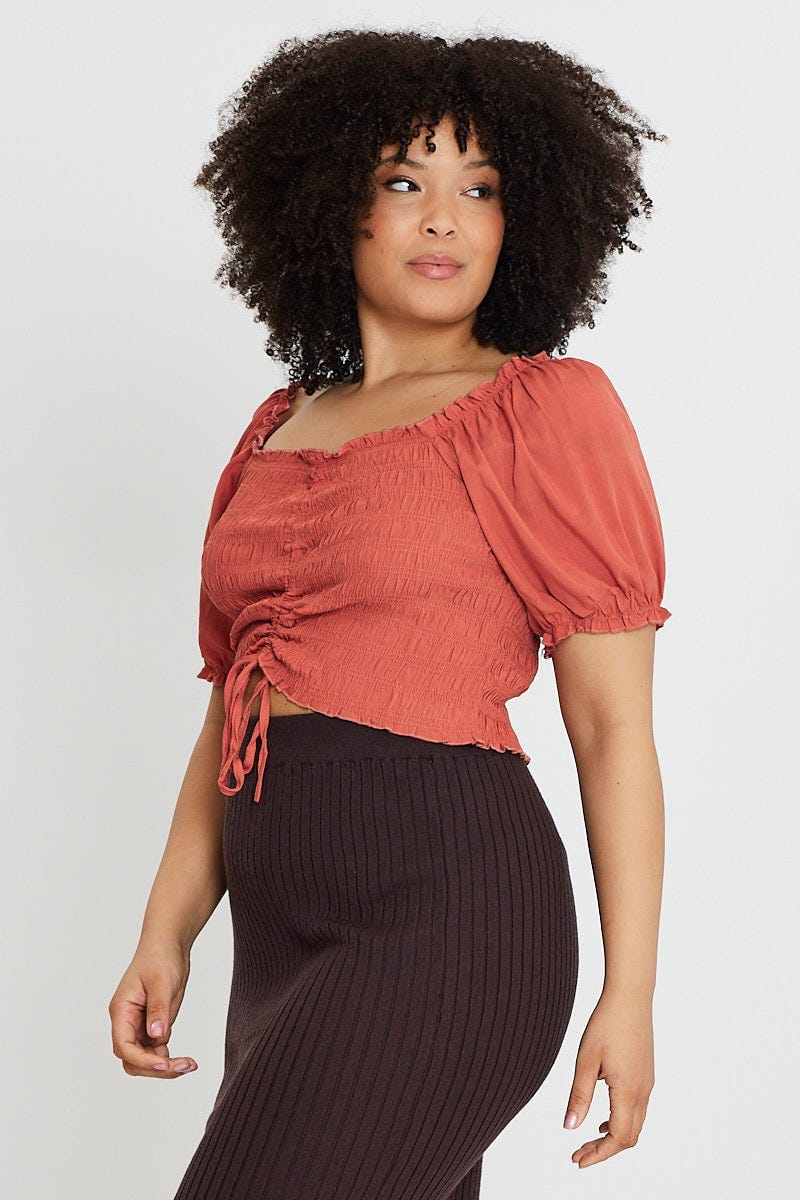 Rust Plus Short Sleeve Shirred Semi Crop Top for Women by You and All