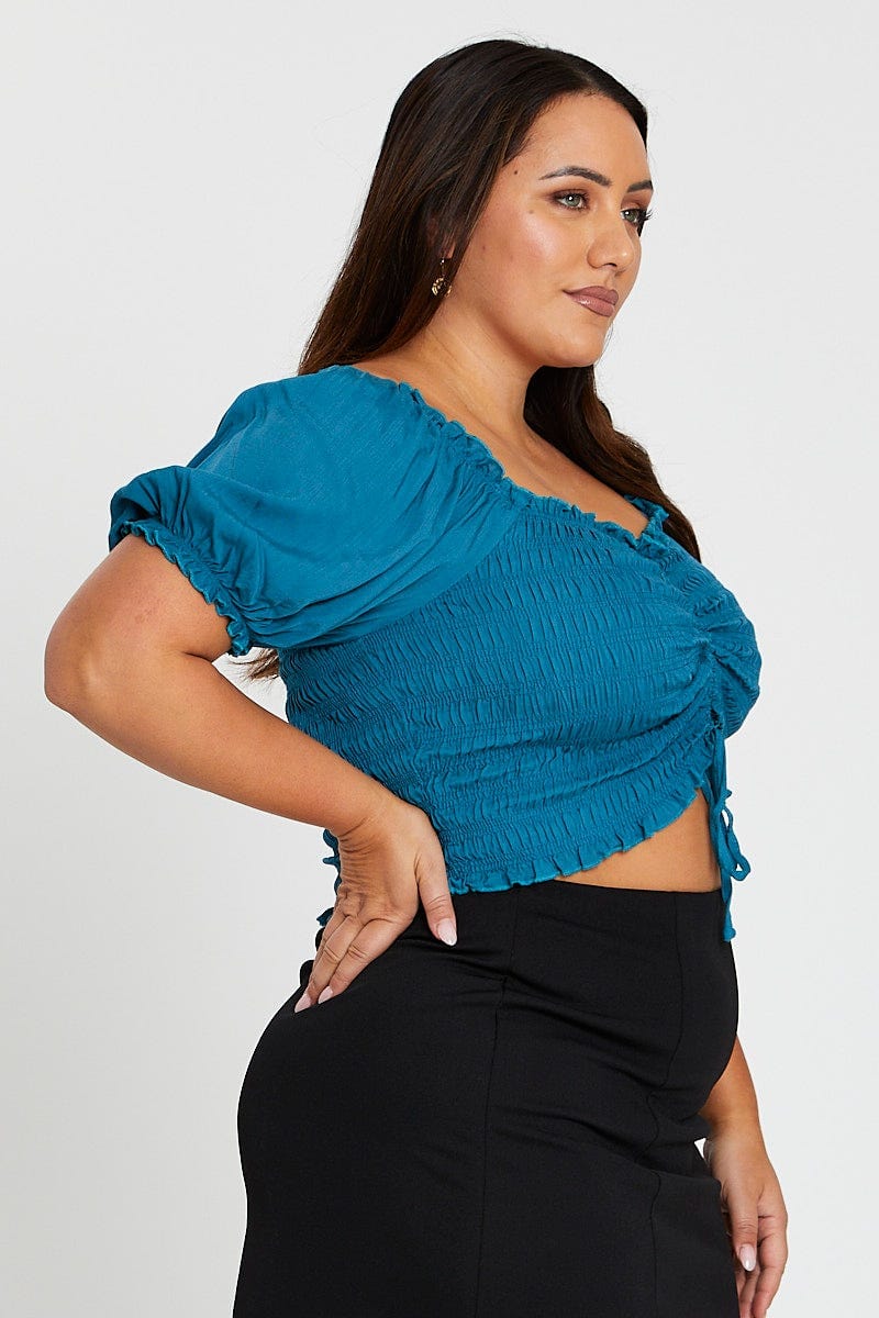 Blue Plus Short Sleeve Teal Shirred Semi Crop Top For Women By You And All
