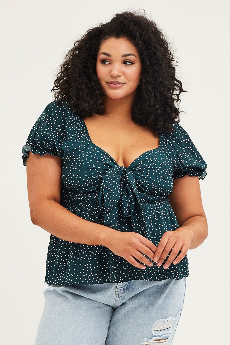 Polka Dot Tie Front Top Short Sleeve For Women By You And All