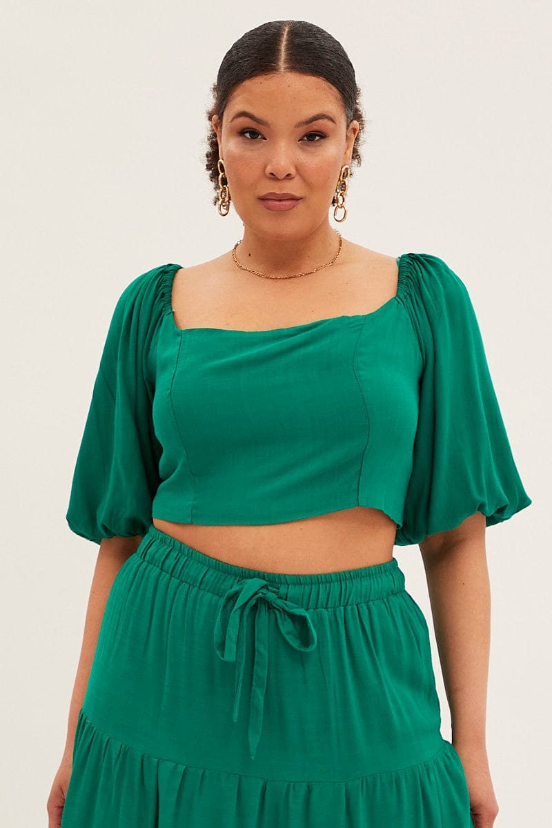 Green Crop Top Short Sleeve Square Neck for YouandAll Fashion