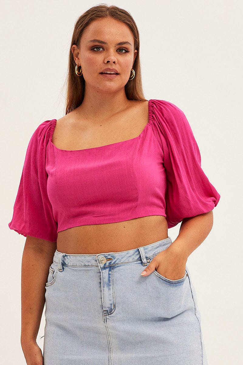 Pink Crop Top Short Sleeve Square Neck for YouandAll Fashion