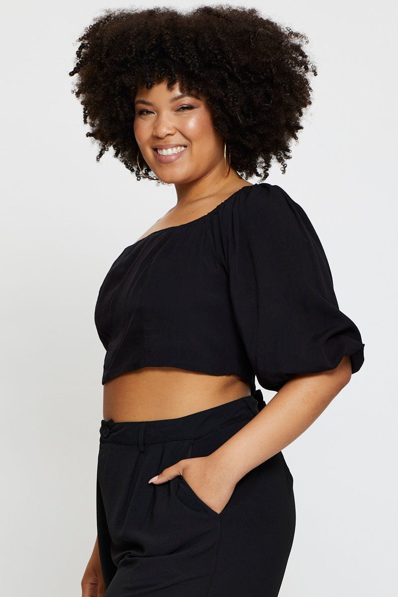 Black Crop Top Short Sleeve Textured For Women By You And All