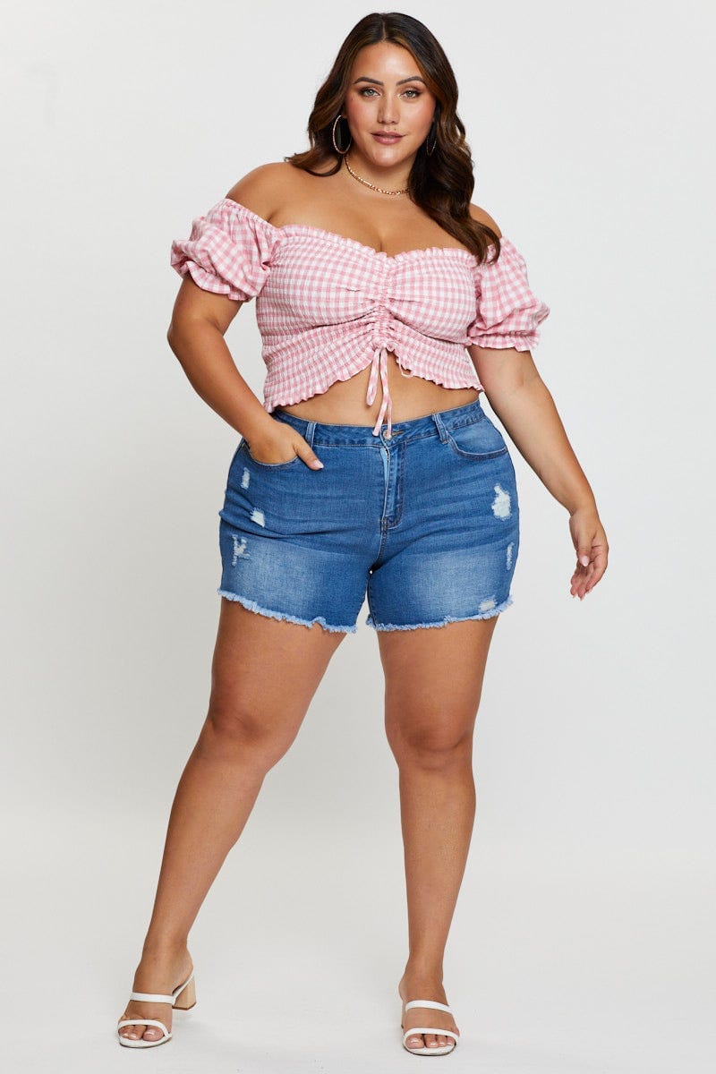 Check Crop Top Short Sleeve Ruched Front For Women By You And All