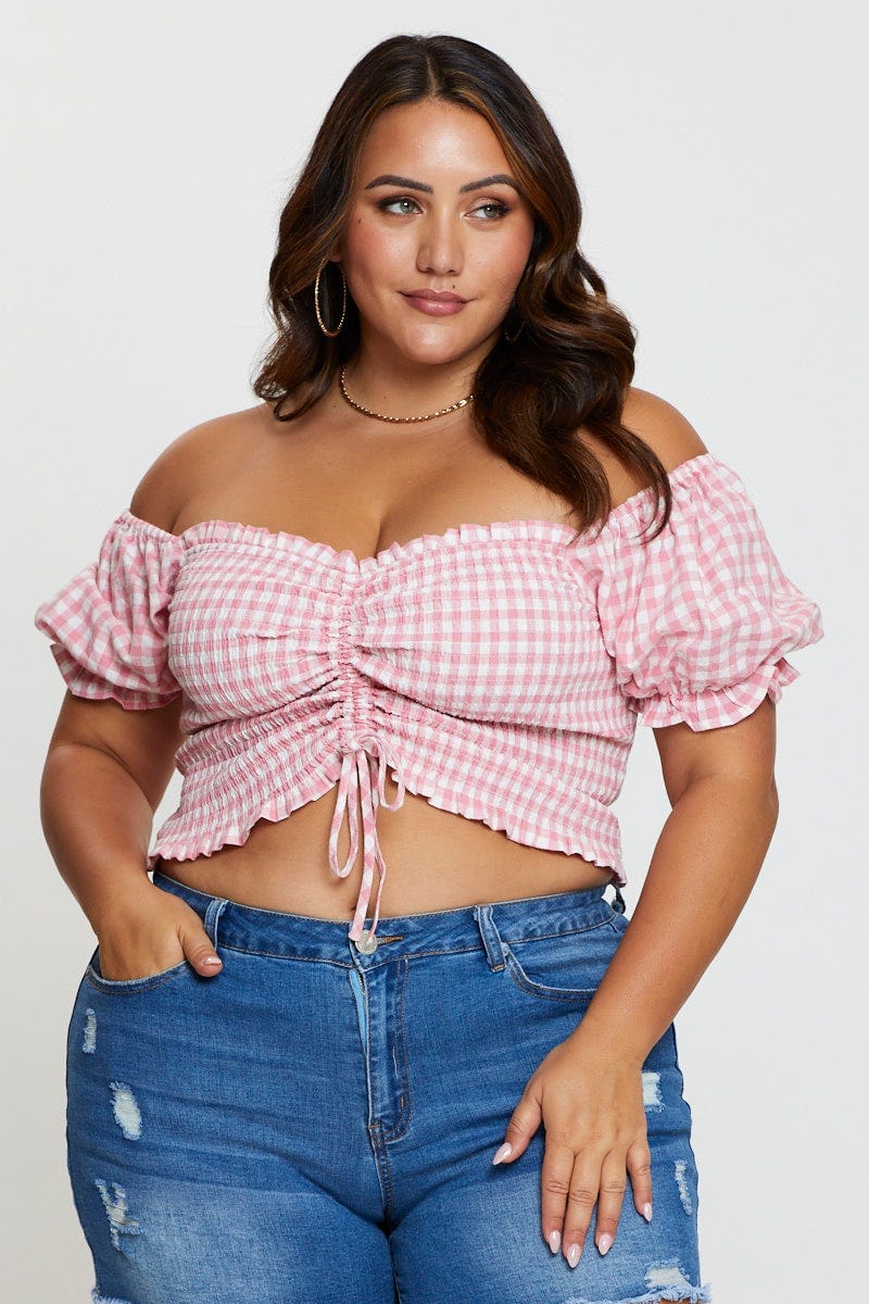 Check Crop Top Short Sleeve Ruched Front For Women By You And All