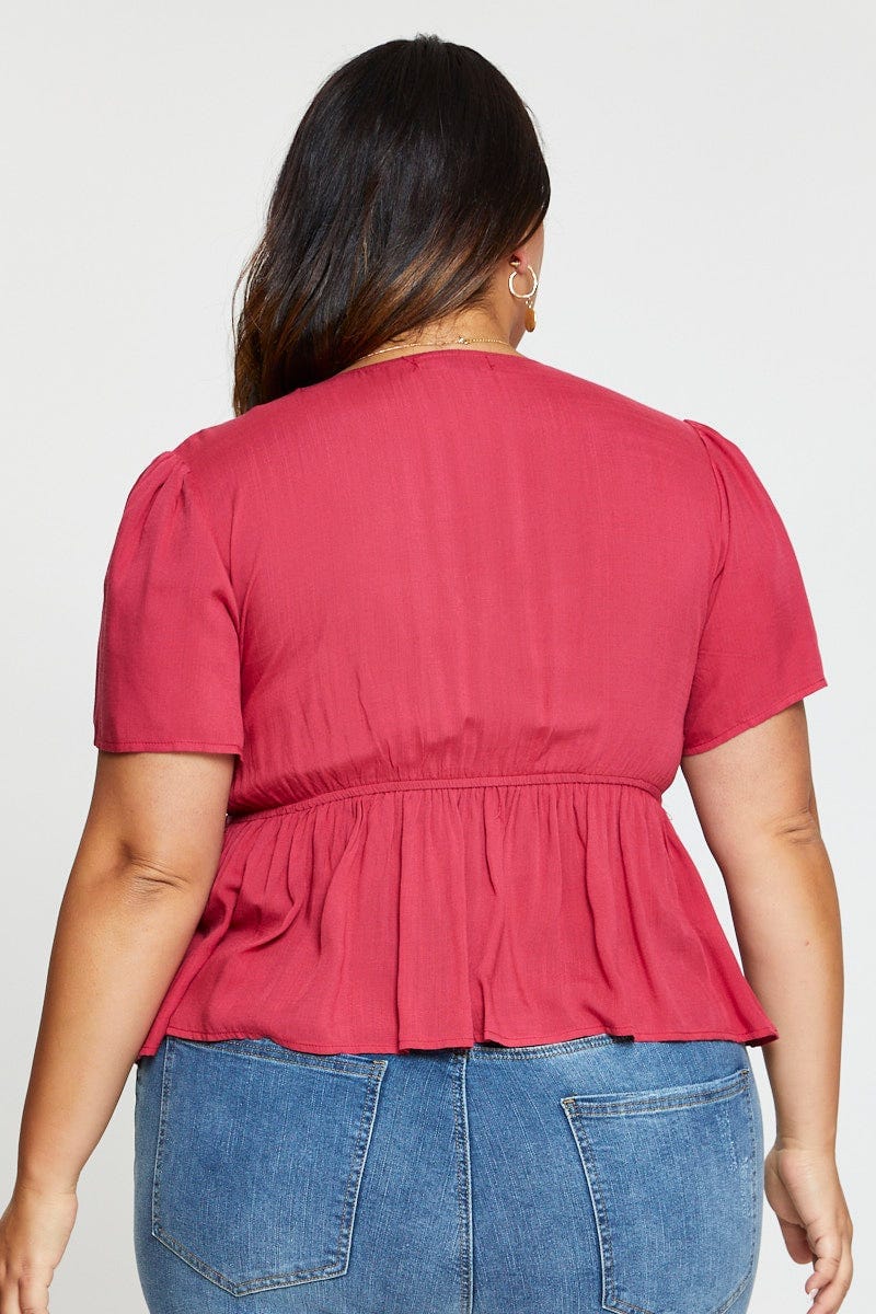 Red Peplum Top Short Sleeve Polyester For Women By You And All