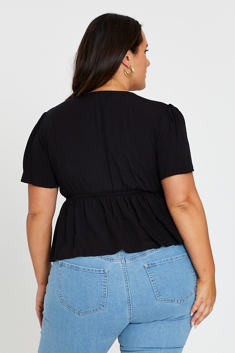 Black Peplum Top Short Sleeve Textured For Women By You And All