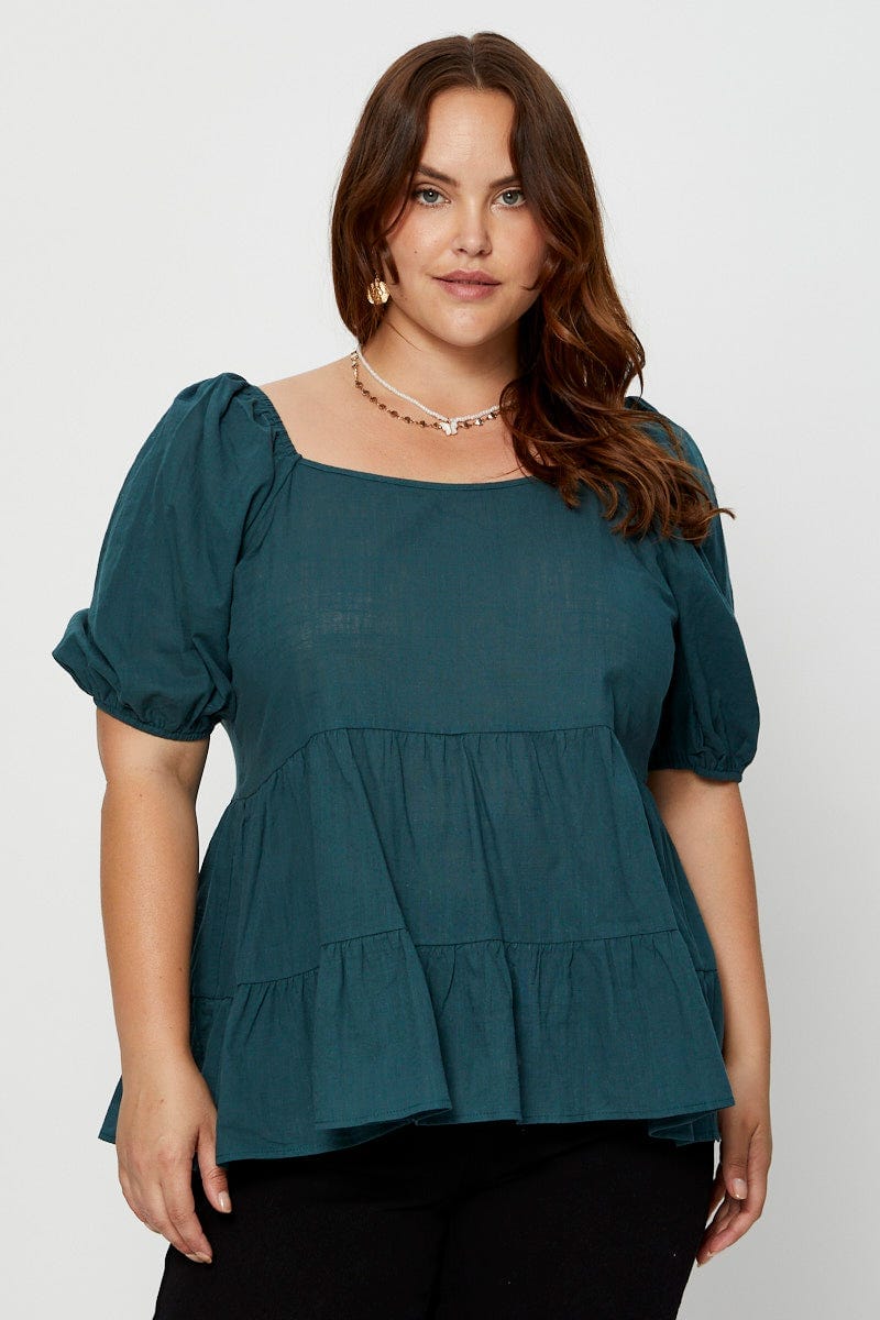 Green Tiered Top Short Sleeve Linen Blend for Women by You and All