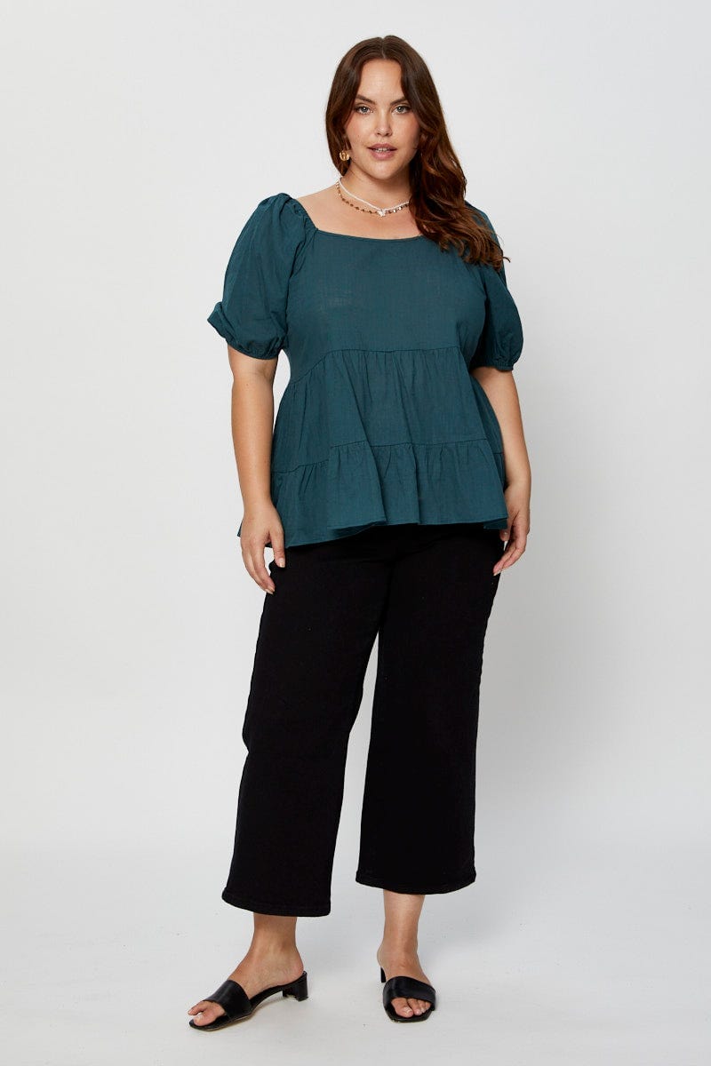Green Tiered Top Short Sleeve Linen Blend for Women by You and All