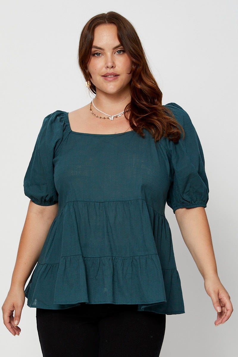 Green Tiered Top Short Sleeve Linen Blend for Women by You and All