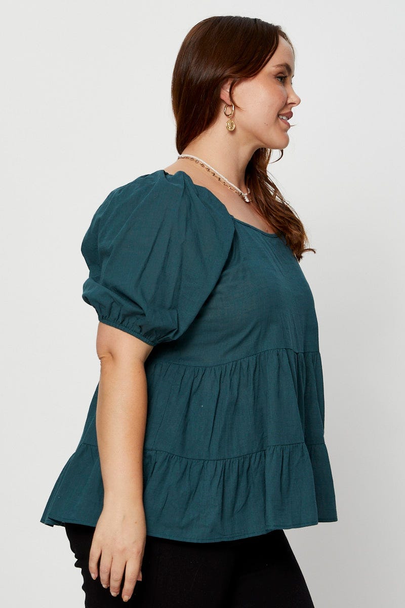 Green Tiered Top Short Sleeve Linen Blend for Women by You and All
