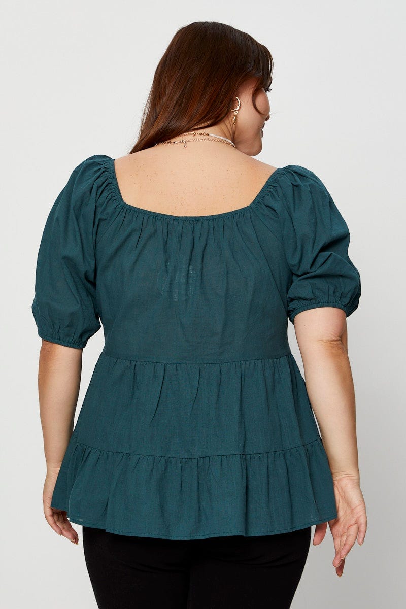 Green Tiered Top Short Sleeve Linen Blend for Women by You and All