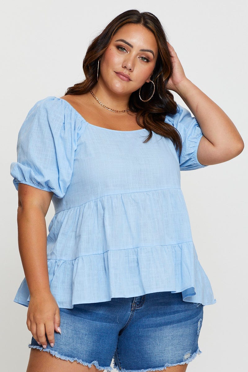 Blue Tiered Top Short Sleeve Linen Blend for Women by You and All