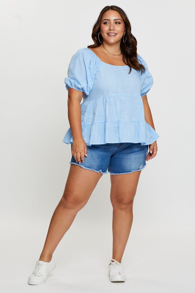 Blue Tiered Top Short Sleeve Linen Blend for Women by You and All