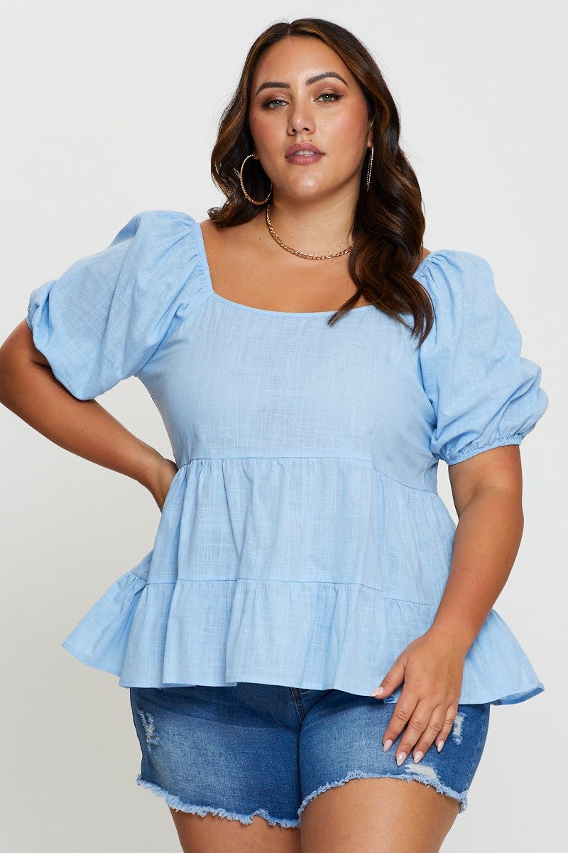 Blue Tiered Top Short Sleeve Linen Blend for Women by You and All