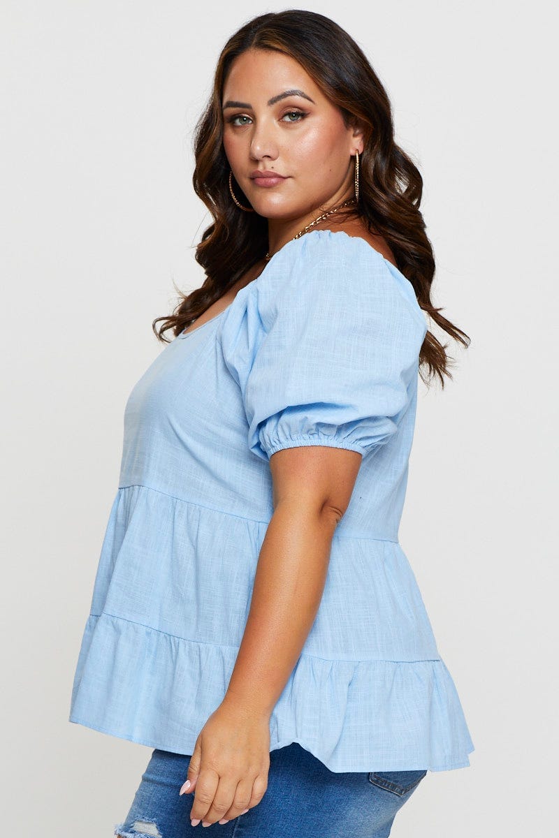 Blue Tiered Top Short Sleeve Linen Blend for Women by You and All