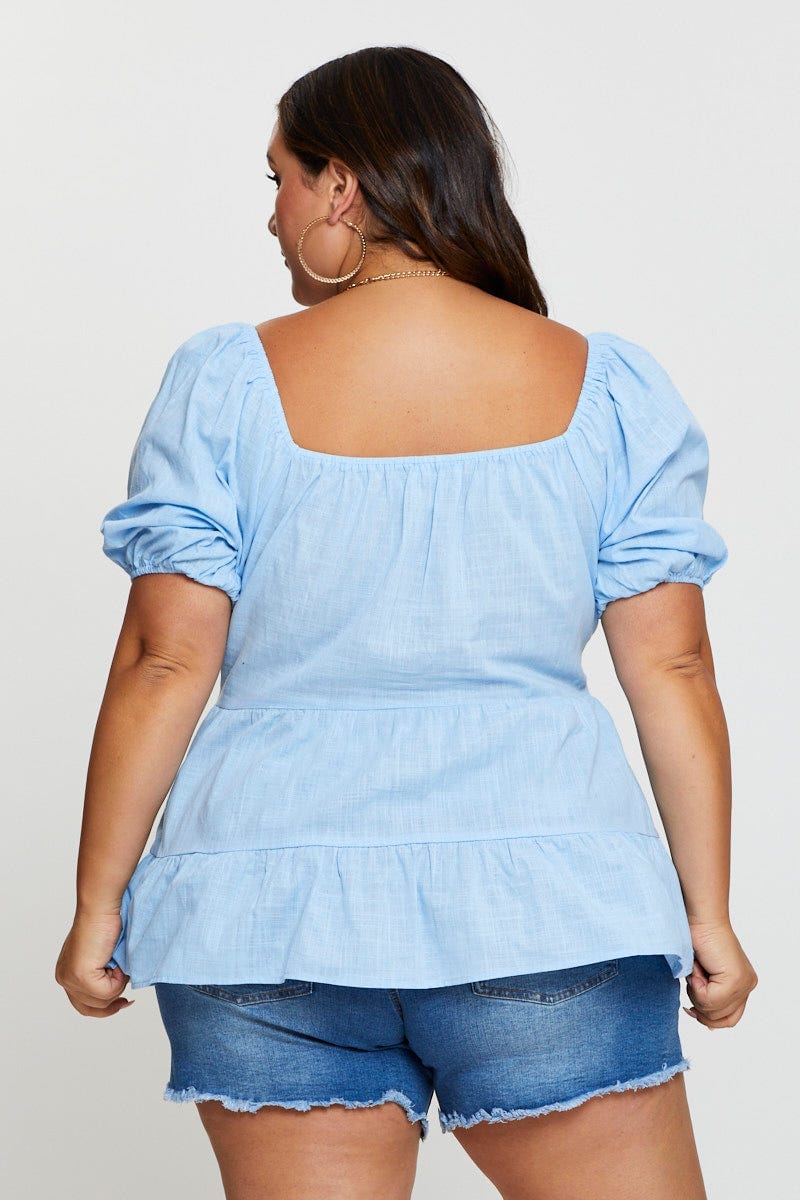 Blue Tiered Top Short Sleeve Linen Blend for Women by You and All