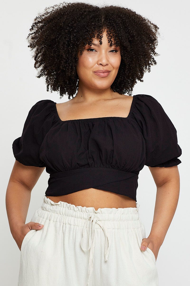Black Crop Top Short Sleeve Shirred Back For Women By You And All