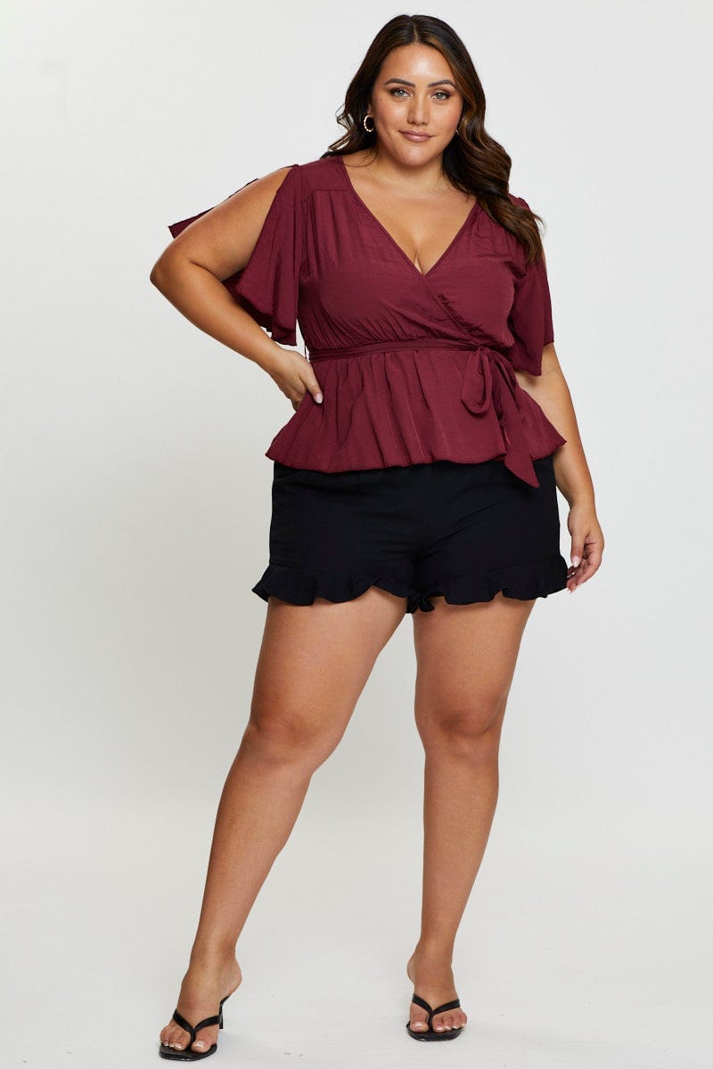 Red Wrap Top Peplum Short Sleeve For Women By You And All