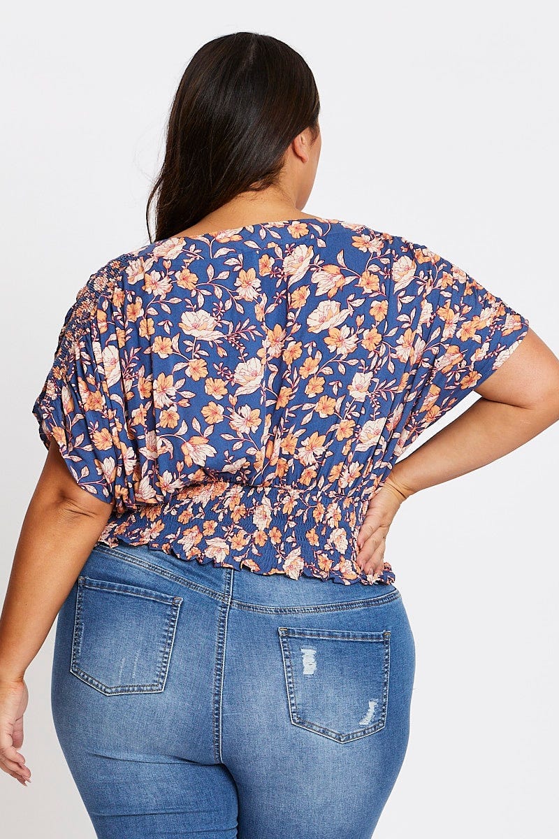 Plus Size Floral Print Short Sleeve Ruched Detailing Top