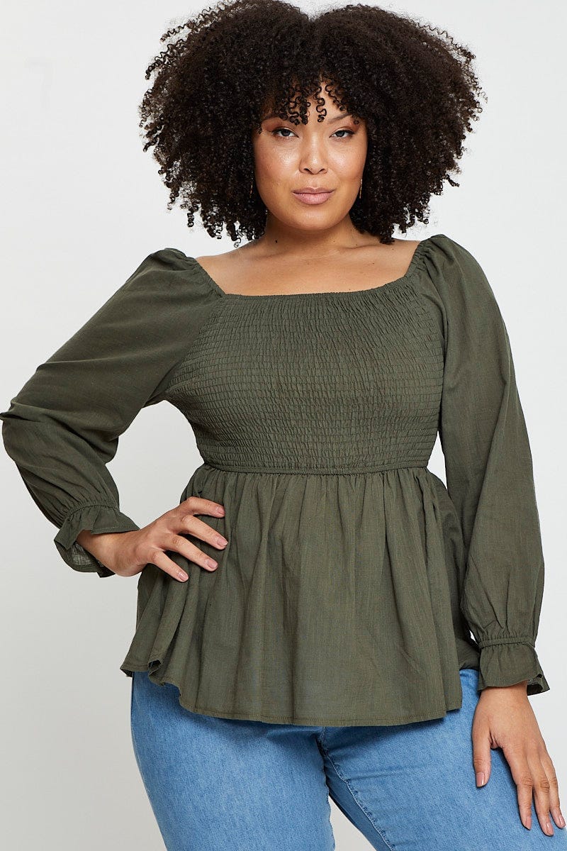 Green Peplum Top Long Sleeve Shirred Linen Blend for Women by You and All