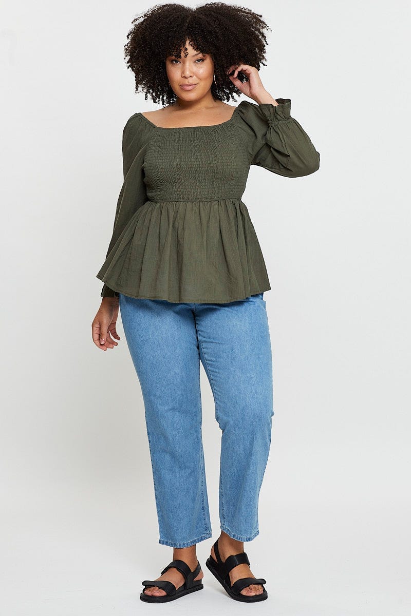 Green Peplum Top Long Sleeve Shirred Linen Blend for Women by You and All