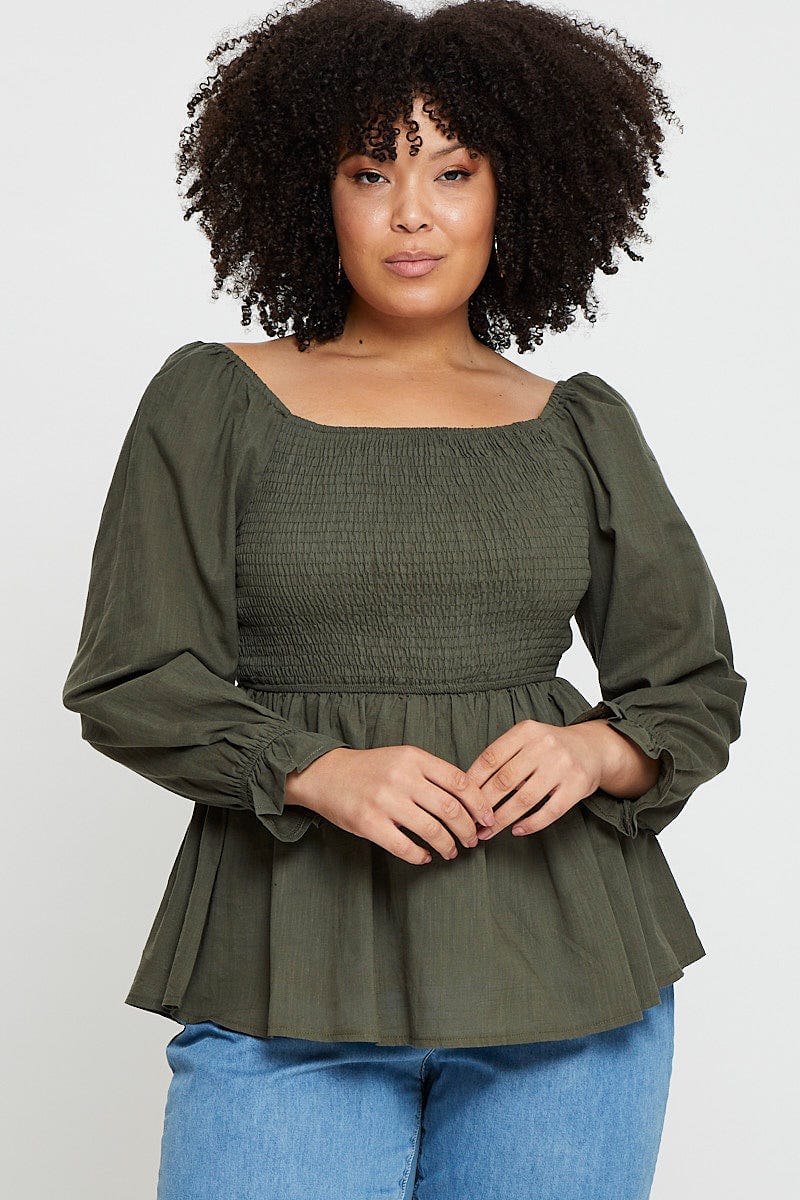 Green Peplum Top Long Sleeve Shirred Linen Blend for Women by You and All