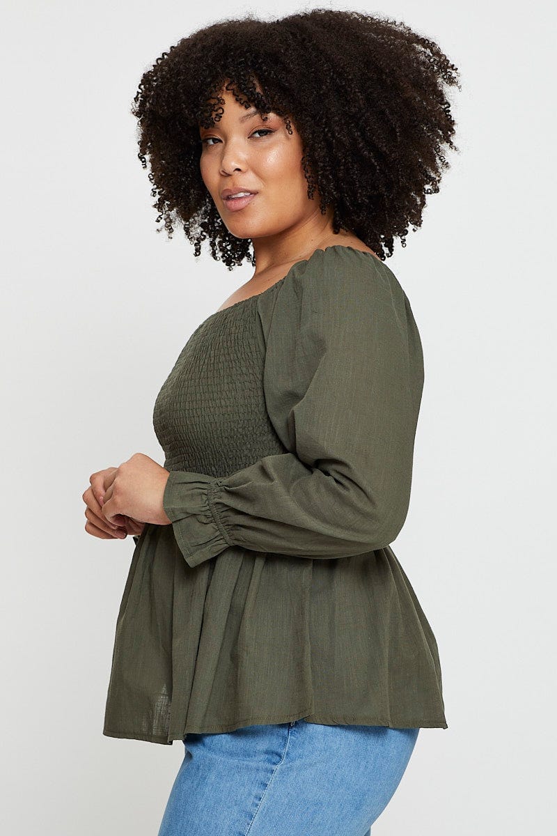Green Peplum Top Long Sleeve Shirred Linen Blend for Women by You and All