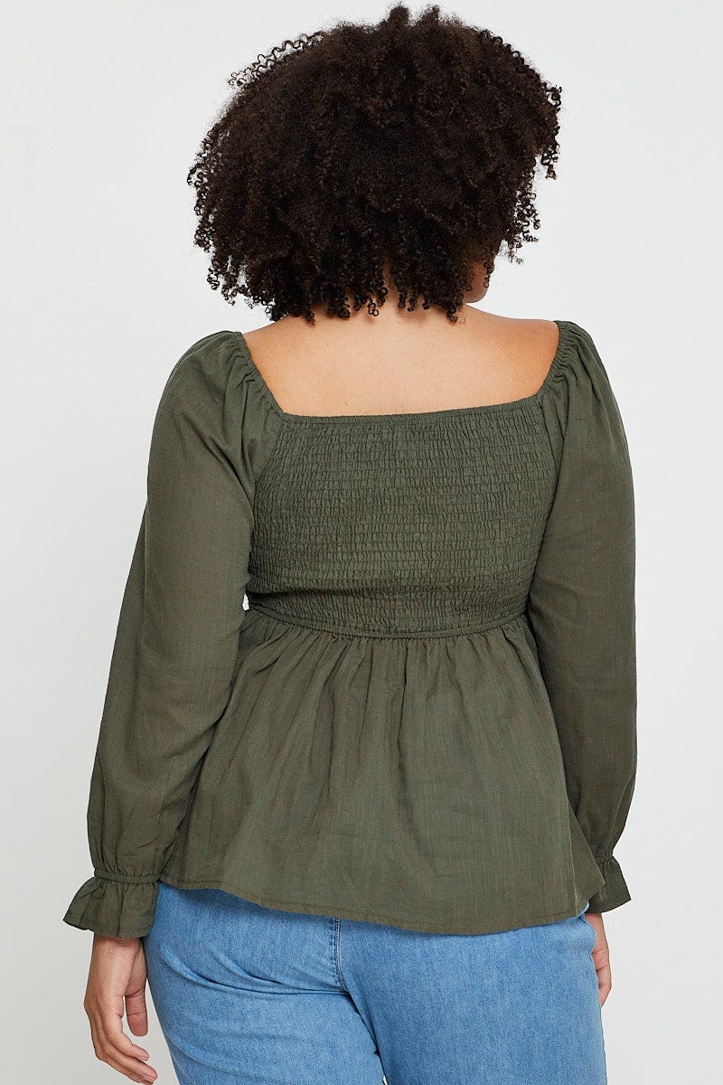 Green Peplum Top Long Sleeve Shirred Linen Blend for Women by You and All