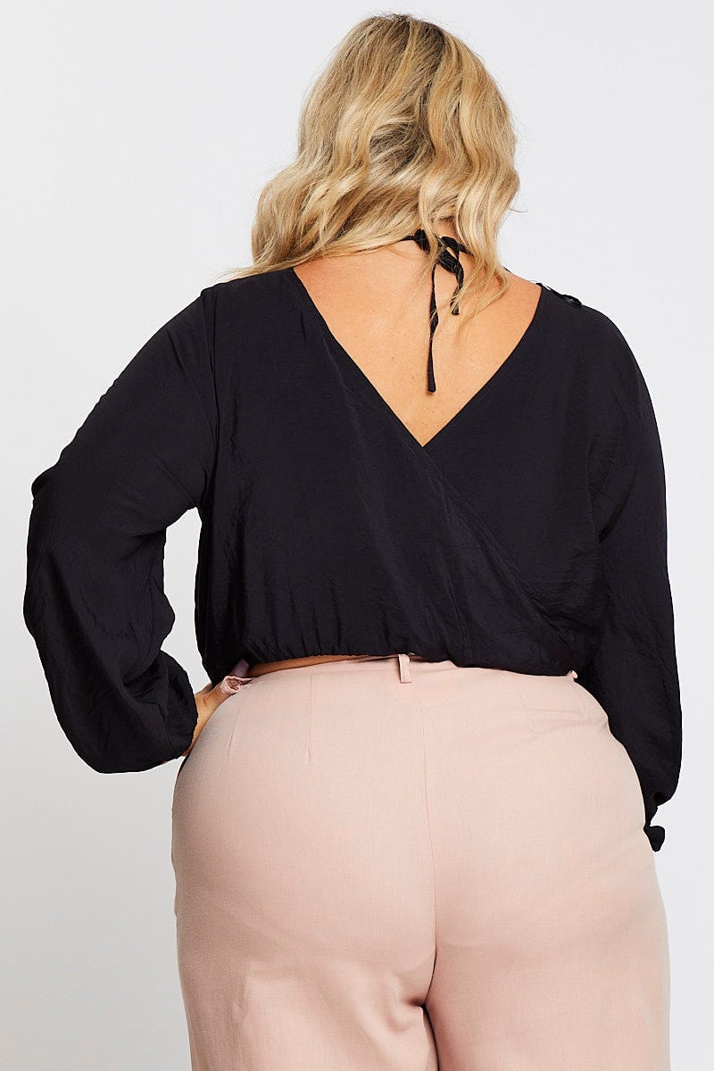 Black Long Sleeve Mock Wrap Top for Women by You and All