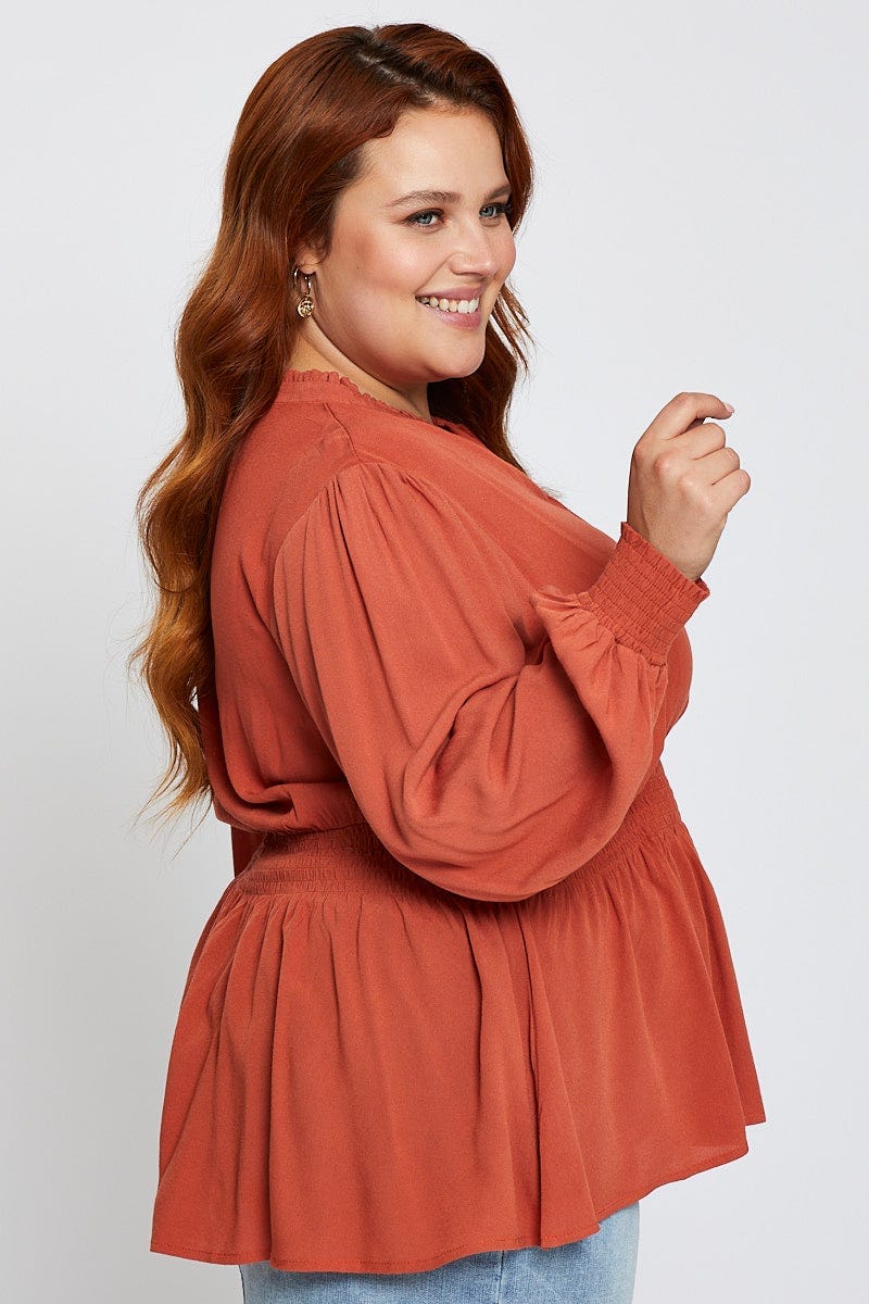 Rust Paprika Long Sleeve Viscose Crepe Shirred Top for Women by You and All