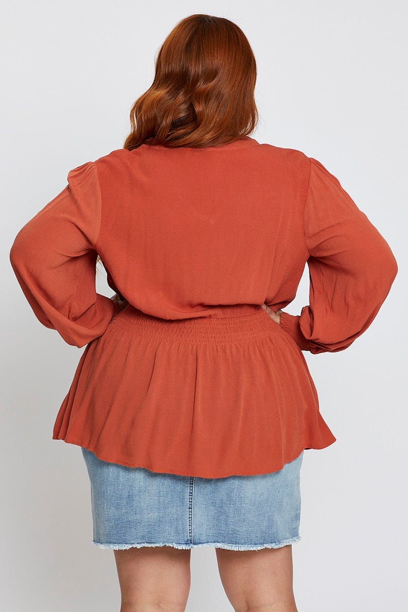 Rust Paprika Long Sleeve Viscose Crepe Shirred Top for Women by You and All