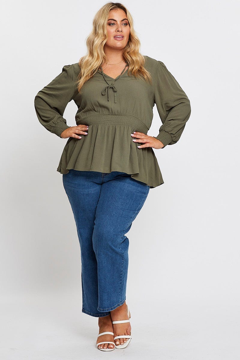 Green Long Sleeve Viscose Crepe Khaki Shirred Top For Women By You And All